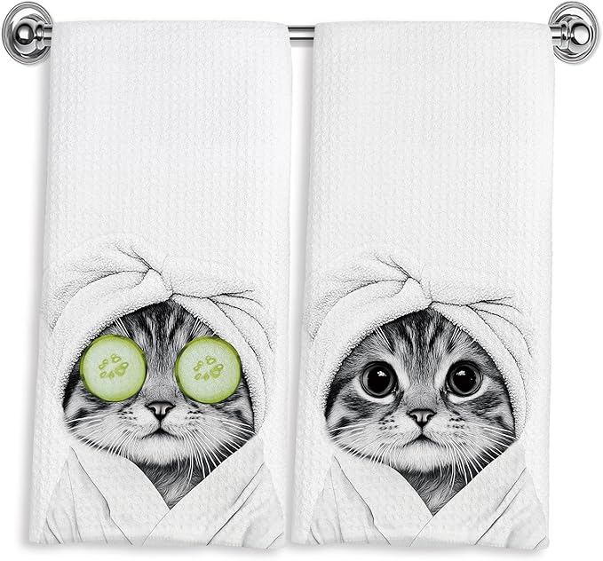 Funny Tabby Cat Hand Towels for Bathroom Powder Room Spa Decor 16x24 Inches, Cat Mom Lady Gifts, Black and White Bathrobe Kitten Bathroom Towels Decorative, Set of 2