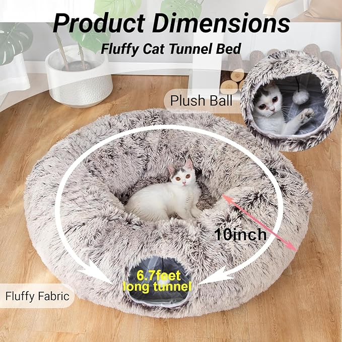 Warm Fluffy Plush Cat Tunnel Bed Under Christmas Tree Big Tube Playground Toys 3 FT Diameter Longer Crinkle Collapsible 3 Way, for Indoor Cat Kitty Kitten Puppy Rabbit Ferret Brown