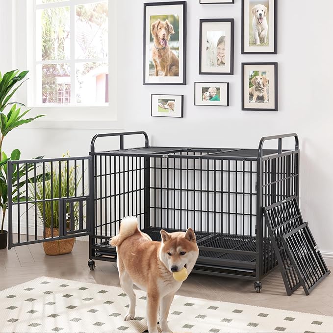 Lauren&Harold Heavy Duty Dog Crate for Medium/Small Dogs, Metal Dog Kennel Indoor with Top Door&Feed Door, Easy-to-Clean Dog Cage with Removable Tray&Wheels (38" L x25.5 W x 31" H(Small))