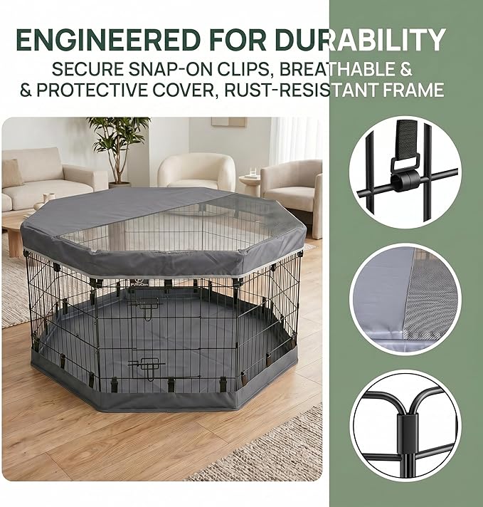 PJYuCien Octagonal Dog Playpen with Top Cover and Bottom Pad - Metal Foldable Exercise Pen, 8 Panels 30" H x 24" W Indoor Outdoor Pet Fence Puppy Crate Kennel, Gray