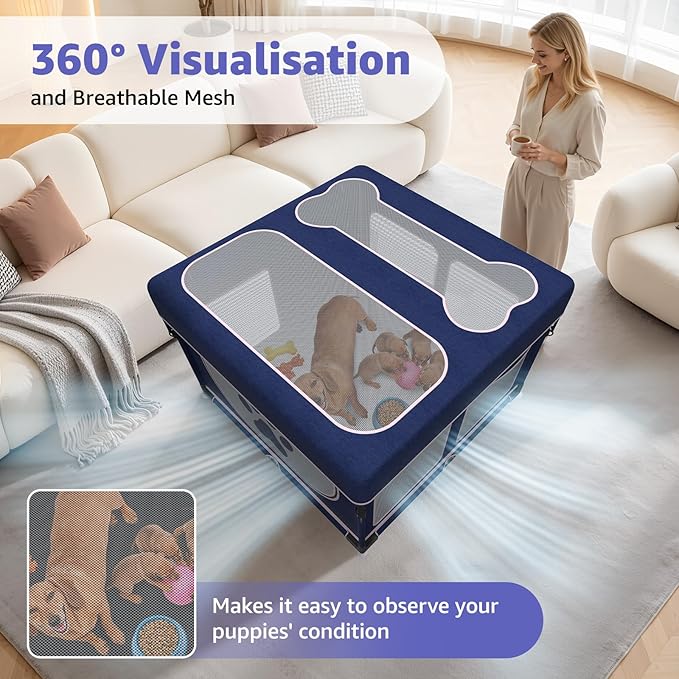 LOOBANI Foldable Whelping Box for Dogs and Puppies: 1 Min Setup Pet Puppy Playpen Indoor with Cover & Waterproof Bottom, Portable Birthing Box for Dog Cat Duck-43.3"x43.3"x27.1"│Patented (Blue+Pink)