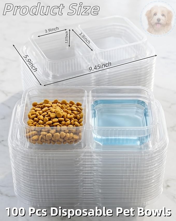 100 Pcs Disposable Pet Bowls, Plastic Double Dish, Anti-Ant, No Spill, Non-Slip, for Outdoor Small and Medium Dogs and Cats