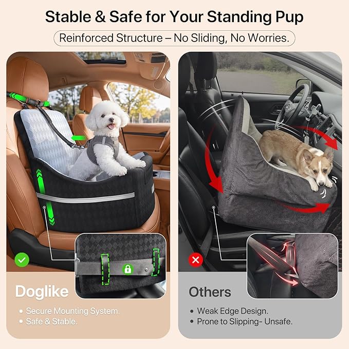 Doglike Dog Car Seat for Small Dogs Up to 35 lbs [2026 Ultimate Comfort & Safety], 5" Memory Foam Pet Booster Seats with Detachable Washable Cover, Dog Bed for Car with Puppy Travel Safety Belts, Grey