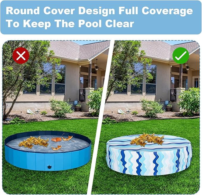 Foldable Dog Pool Cover – Waterproof Round Pet Dog Kiddie Bath Tub Lid Cover, Fit for 32/48/63 Inch Pools, Outdoor Portable Puppy Pool Accessories with Drawstring