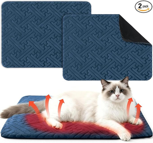 2 Pcs Winter Self Warming Cat Bed, Self Heating Cat Dog Pad 20 x 16 Inch Outdoor Warm Thermal Mat Pad with Removable Cover Non-slip Bottom Washable Reflects Body Heat for Indoor Small Dog(Blue)
