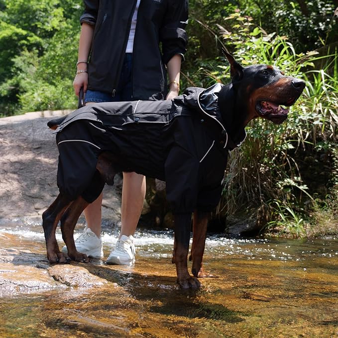 LOVELONGLONG Waterproof Dog Raincoat with Removable Hood – Outdoor Full Body Dog Jacket, Windproof Snowproof Shell Suit – All Season Pet Rain Gear Black 4XL