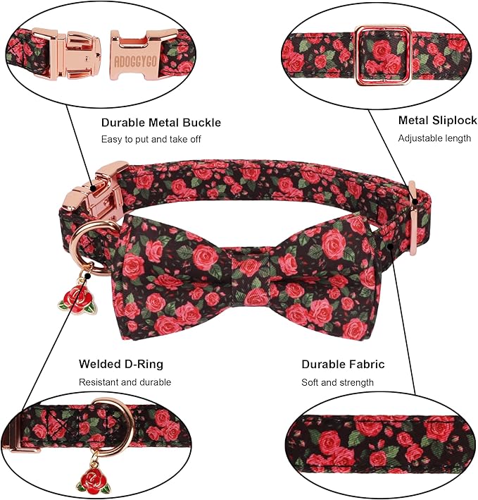 ADOGGYGO Floral Dog Collar with Bow, Metal Buckle, Adjustable Red Rose Floral Bowtie Collars for Extra Large Dogs (X-Large)