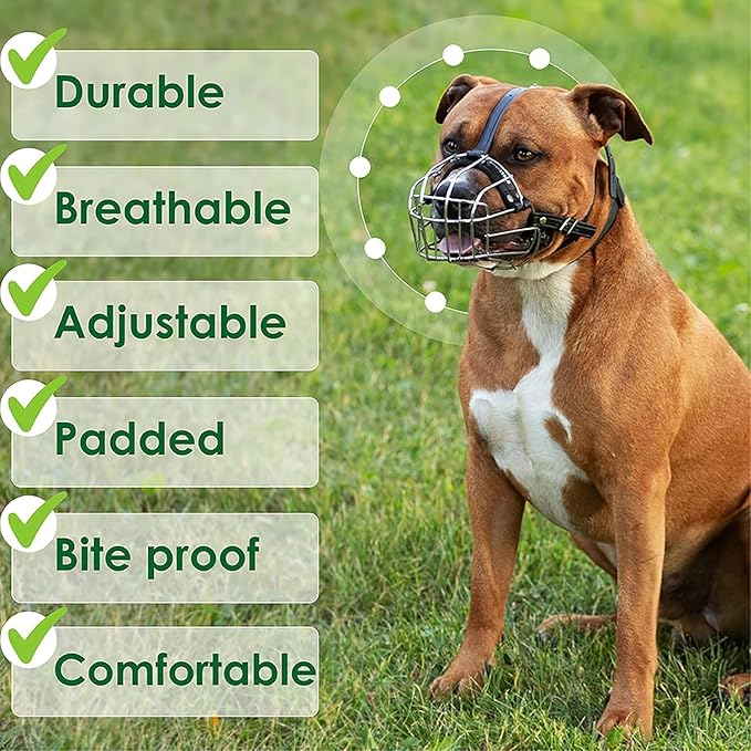 BRONZEDOG Pitbull Dog Muzzle Metal Mask Amstaff Wire Basket Pit Bull Adjustable Leather Straps for Large Dogs (Brown)