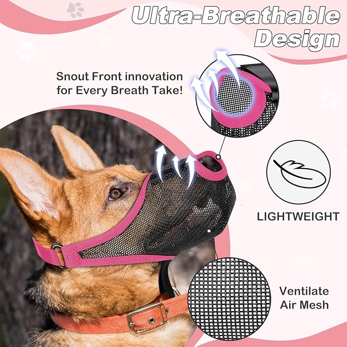 Dog Muzzle, Soft Air Mesh Muzzles for Large Sized Dogs, Breathable Dog Mussels for Scavenging Biting Licking & Barking, Adjustable Mouth Guard with Front Opening, Allows Panting and Drinking (Pink,L)