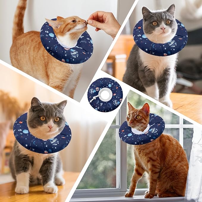 Seyezo Cat Cone Collar Soft, Adjustable Cat Cones to Stop Licking, Donut Kitten Spay Recovery Cone After Surgery, Elizabethan Protective Cone Recovery Cats Collar Alternative(Planet, S)