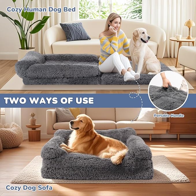 OtterOasis Foldable Human Dog Bed for Adults, Fluffy Human Sized with Blanket, Orthopedic Washable Dog Bed with Memory Foam and Water Repellent Liner for Pet (Grey, 72 * 44 * 10 inch)