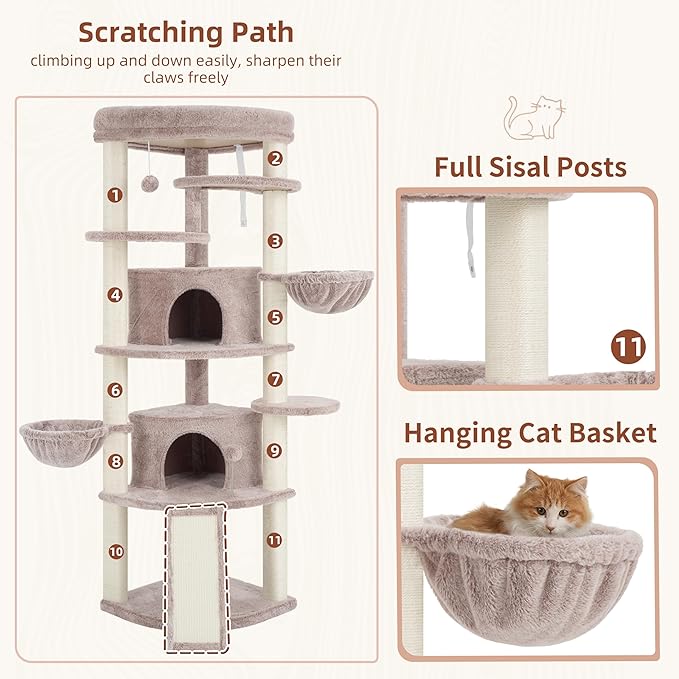 Gitelsnour Corner Cat Tree for Indoor Cats, Cat Tower with All Sisal Scratching Posts, Multi-Level Cat Condo wth 2 Large Cat Caves, Big Top Perch, 2 Hanging Baskets, Sisal Ramp, Mushroom GCT035MU