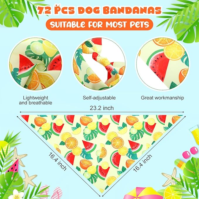 Sanwuta 72 Pcs Dog Bandana Bulk Summer Fruit Washable Puppy Triangle Scarfs Tropical Cat Bandanas Adjustable Soft Cute Pet Triangle Bibs Accessories for Small Medium Dogs Cats Pets Costume