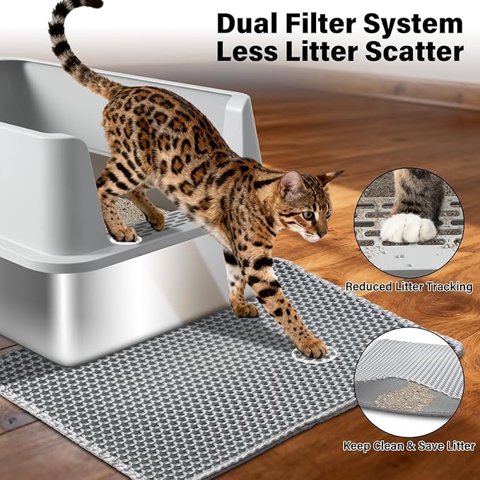 2PACK Stainless Steel Litter Box, Large Metal Cat Litter Box with High Sides Lid, Anti-Urine Leakage, Non-Sticky, Scoop and Mat Included
