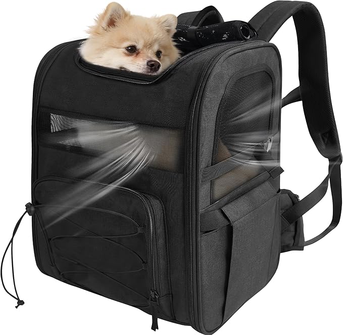 Dog Carrier Backpack for Small Dogs - Breathable Mesh Hiking Bag with Safety Buckle, Adjustable Straps and Standard Pad - Durable for Hiking (Fits Small Cats Too, Up to 17lbs, Black)