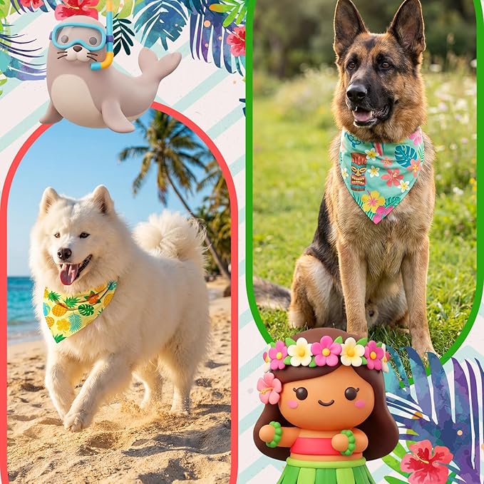Weewooday 50 Pcs Summer Bandanas Bulk for Dogs Kerchief Bibs Scarves with Beach, Fruit, Hawaii Ice Cream Luau Aloha Pool for Small Medium Large Grooming Accessories(31.5 x 21.7 X21.7 Inch)
