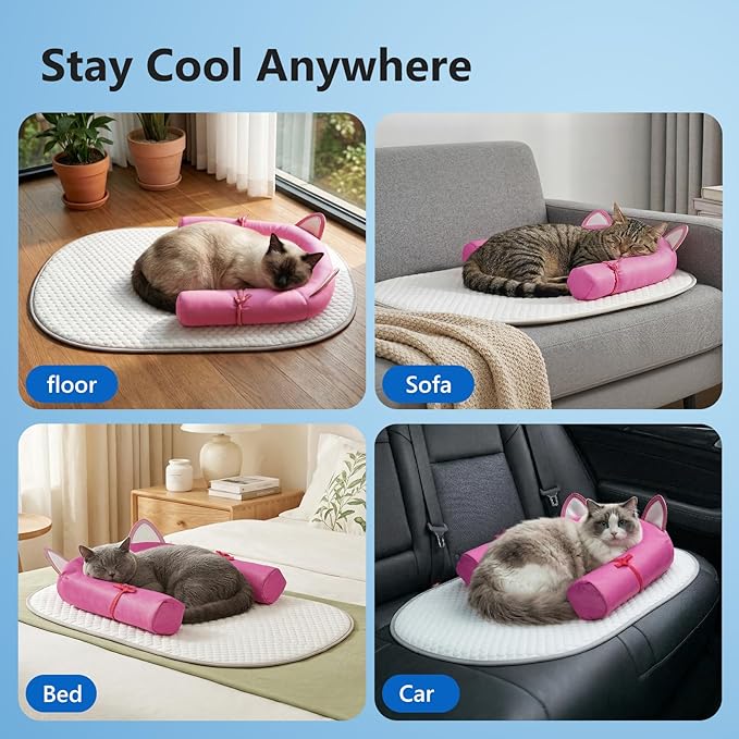 Cat Cooling Mat with Soft U-Shaped Pillow– Breathable Calming Cooling Pad for Cats– Portable Washable Summer Cooling Cat Bed for Indoor Or Travel Use,Hot Pink Cat