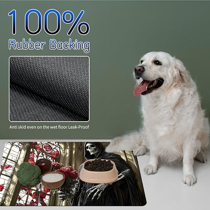 Dog Food Mat, 19.6" x 23.6" Absorbent Pet Feeding Mat for Food and Water, Waterproof Diatom Mud Pet Placemat with Non-Slip Rubber Backing, Easy Clean Cat Bowl Mat for Floors - Rose Black Skull