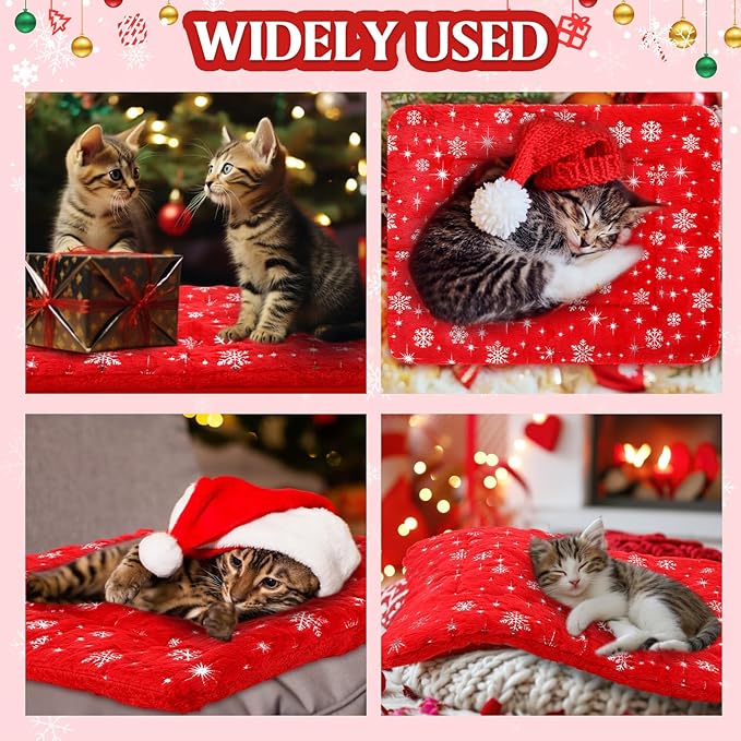2 Pack Winter Self Warming Cat Mat Snowflake Red Self Heating Pad Bed 22" x 18" Reversible Reflects Body Heat Machine Washable Thermal Pet Blanket for Winter Indoor Pet Kitten Dog Crate