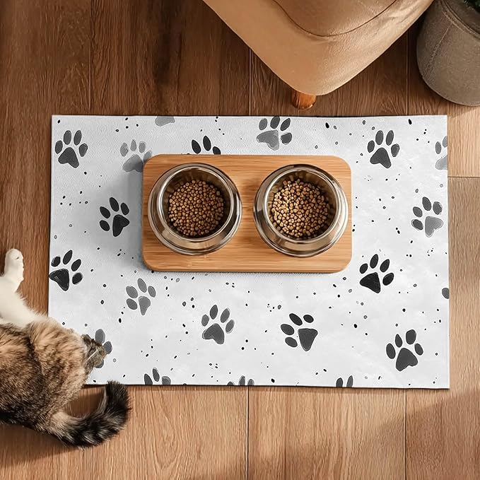 HOMETITUTE 24x16 inch Non Slip Dog Food Mat Pet Bowl Placemat for Food and Water Small Dog Bowl Mats Cat Food Mat Easy to Clean Feeding Mats for Small Pets Paw Print Design