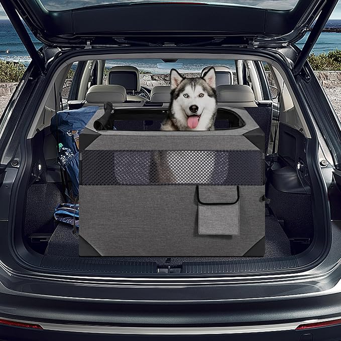 Zikopomi 30 Inch Portable Travel Dog Crate, 3 Door Collapsible Soft Pet Kennel with Durable Mesh Windows for Small and Medium Dogs, Foldable Dog Cage with Storage Pocket for Outdoor (Dark Grey)