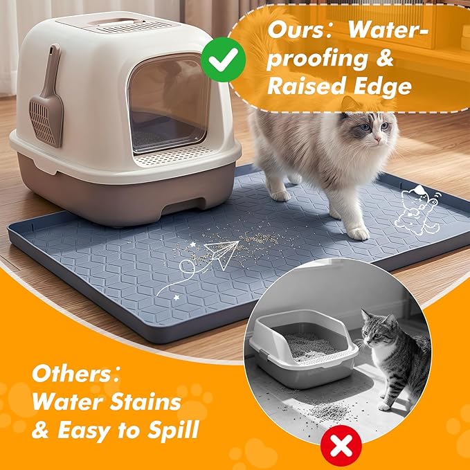 Silicone Cat Litter Mat for Litter Box, 31" x 22" Large Leak-Proof Tray, Scatter Control for Cat Litter, Soft Durable Material, Waterproof & Easy Clean Mat for Indoor Cats, Gray