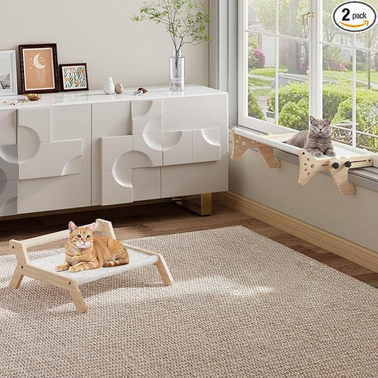HOOBRO Cat Perch for Window Sill with Bolster, Window Hammock with Soft Plush, Hammock Seat Set of 2 for Indoor Use, Cat Beds for Window and Floor, Natural NL44CS03