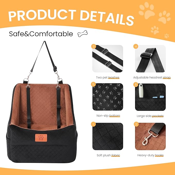 Dog Booster Car Seat for Small to Medium Dogs Up to 35 lbs, Elevated Pet Car Seat with 2 Safety Belts, Detachable Washable Cover, Non-Slip Stable Base, Front/Back Seat Travel Booster