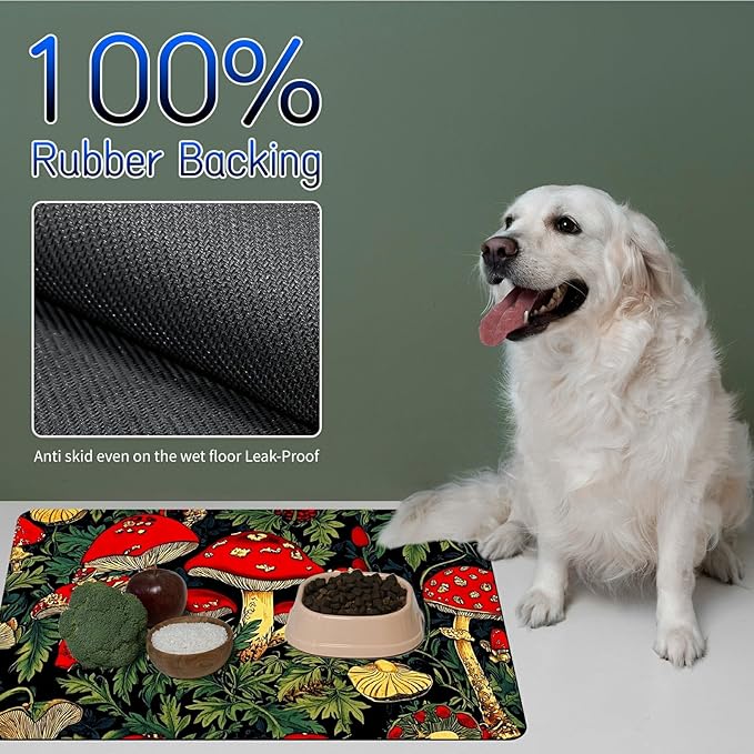 Dog Food Mat, 15.7" x 23.6" Absorbent Pet Feeding Mat for Food and Water, Waterproof Diatom Mud Pet Placemat with Non-Slip Rubber Backing, Easy Clean Cat Bowl Mat for Floors - Red Art Mushroom