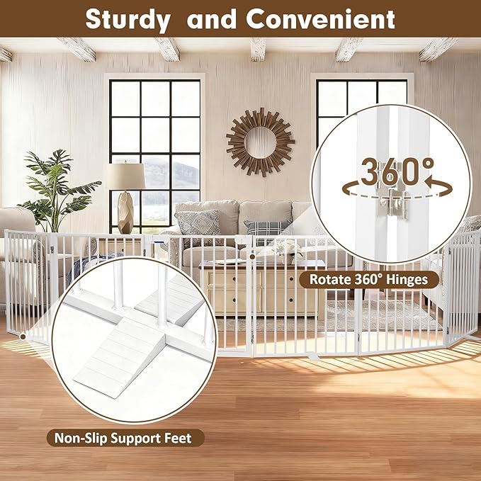 156" Extra Wide Dog Gate, Heavy Duty Metal Freestanding Dog Gate with Door for Indoor & Outdoor, Foldable Pet Fence for Doorways,House,Porch,Deck,Yard,Stairs, Auto Close(6 Panels,White)
