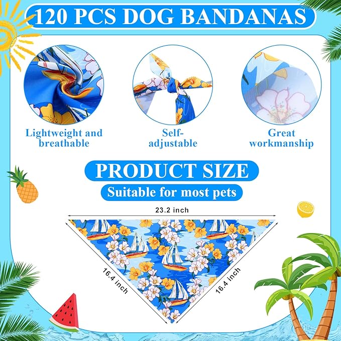 Sanwuta 120 Pcs Summer Bandanas for Dogs Bulk Hawaiian Beach Triangle Dog Bandana Washable Pet Scarves Adjustable Bibs for Small and Medium Pets, 30 Styles(Fruit)