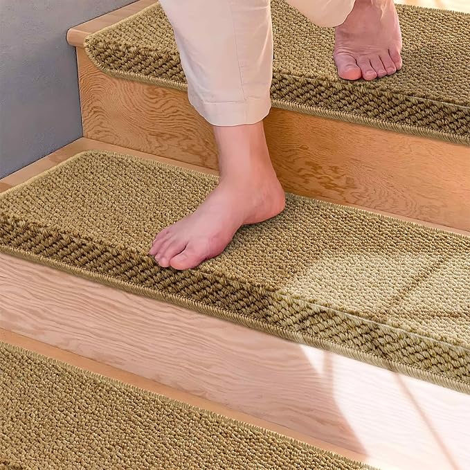 Brakki Bullnose Carpet Stair Treads, Non Slip Stair Treads for Wooden Steps Indoor Runner, Soft Rugs for Pets, Edging Protectors, Washable, 29.5"x9.5"x1.5" 7pcs, Beige