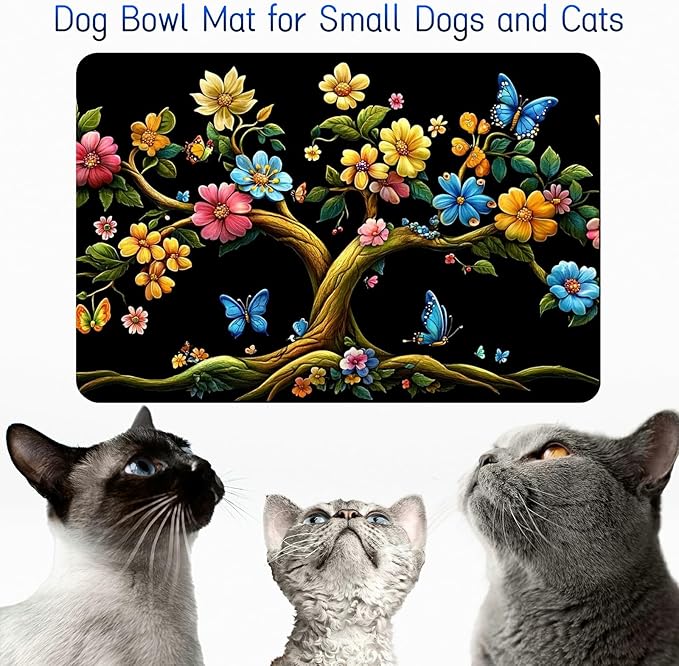Dog Food Mat, 15.7" x 23.6" Absorbent Pet Feeding Mat for Food and Water, Waterproof Diatom Mud Pet Placemat with Non-Slip Rubber Backing, Cat Bowl Mat for Floors - Black Flower Tree