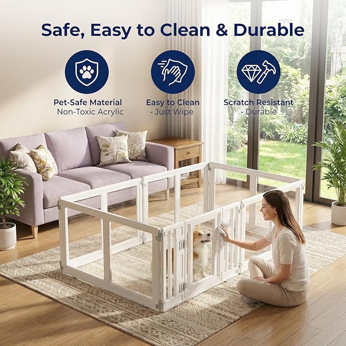 Clear Acrylic Dog Playpen with Door, Transparent Puppy Playpen for Small and Medium Puppies, Easy Assemble Pet Fence Indoor with Safety Lock (White, 69.3 x 35 x 22.4 Inch)