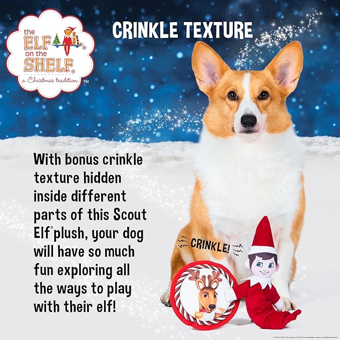 The Elf on the Shelf 2pc Dog Toy Set with Elastic Scout Elf + Elf Pets Reindeer Plush Flattie Disk, Squeaky Dog Toys | Bungee Dog Toys for Tug | Stocking Stuffers for Dogs