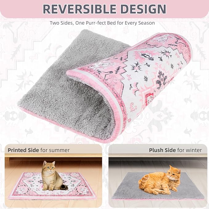 PUPTECK Reversible Cat Dog Bed Indoor Outdoor for Small Pets, Soft Warm Cat Bed Mat Washable Crate Pad Plush Blanket Cushion for Kennel Cage, Pink, 24"x18"