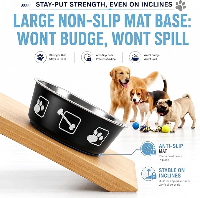 2-Pack Dog Bowls, Stainless Steel Pet Bowls, Thickened Rust-Proof Inner Bowl, Non-Slip Rubber Base, 2-in-1 Food & Water Bowl for Indoor Use (Black + Purple) (Black + Purple, M)