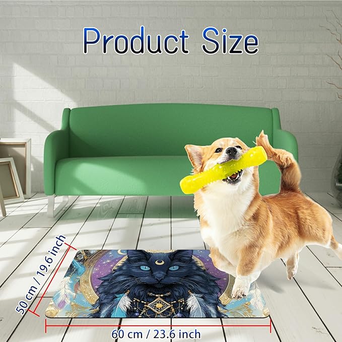 Dog Food Mat, 19.6" x 23.6" Absorbent Pet Feeding Mat for Food and Water, Waterproof Diatom Mud Pet Placemat with Non-Slip Rubber Backing, Cat Bowl Mat for Floors - Feathered Black Cat