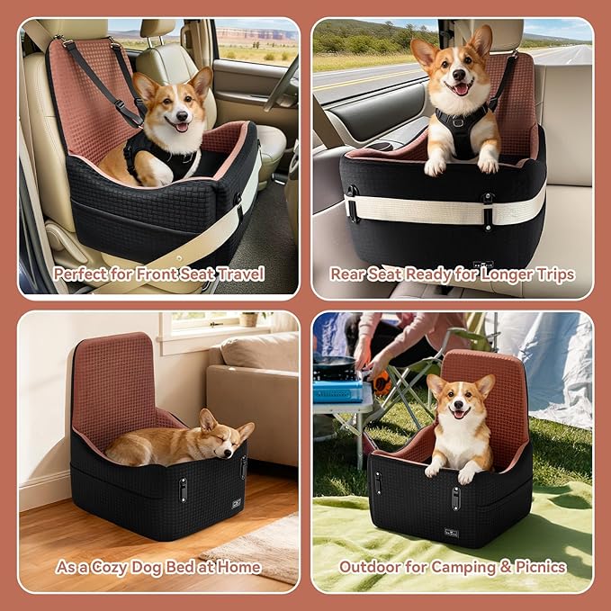 PETSFIT Dog Car Seat for Small/Medium Dogs Up to 35 lbs – Patented Safety System, 5" Memory Foam Pet Booster Car Seat, Fully Detachable and Washable Dog Carseat with 2 Storage Pockets (Black/Brown)