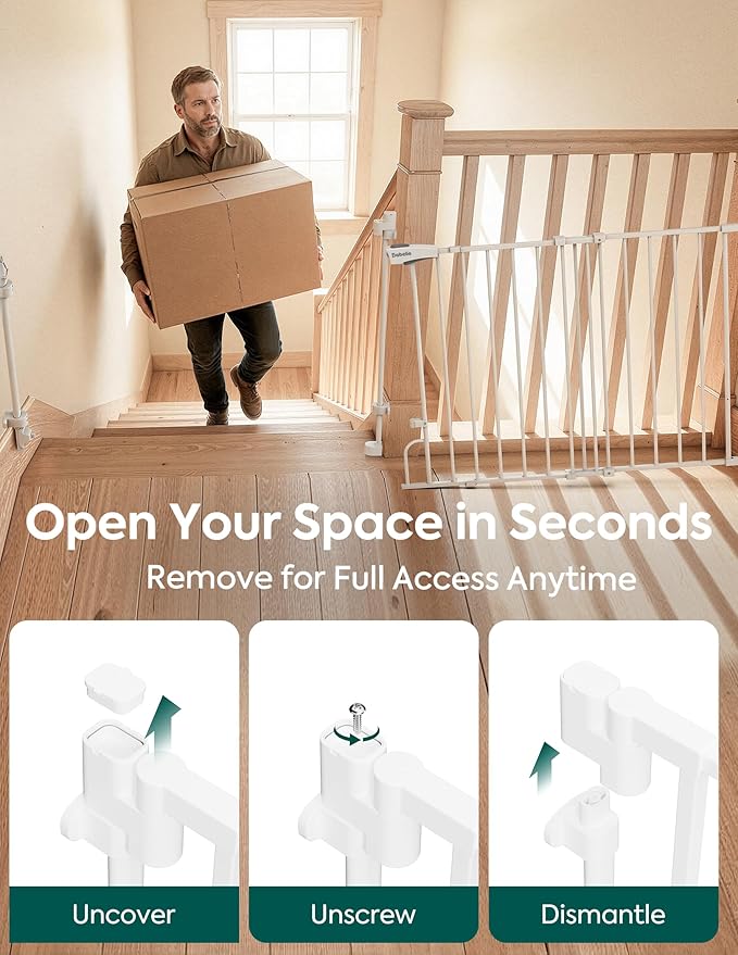 Babelio Removable & No Bottom Bar Baby Gate, 35.5-55" Hardware Mounted (Drill Needed)| Wide Walk-Thru| Auto-Close Safety Dog/Pet Gate for Stairs & Doorways (White, 35.5-55" W, 30" H)