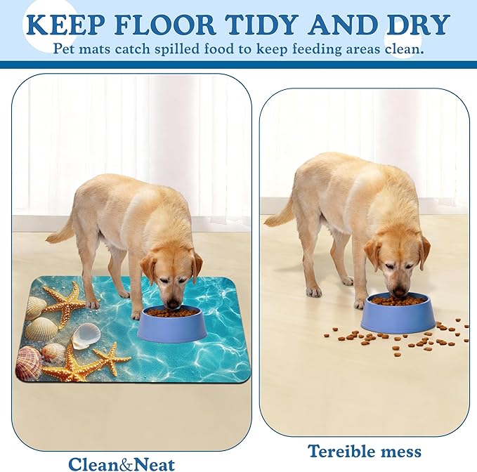 Starfish Seashell on Beach Pet Feeding Mat for Floors–Absorbent Quick Dry Dog Cat Bowl Mat for Food and Water, Non Slip Waterproof Base, Mess-Free Feeding Accessories 16"x24"