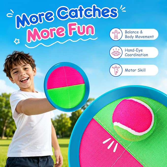 EVERICH Upgraded Toss and Catch Ball Game Set - Indoor and Outdoor Games for Kids 3-12, Beach Sand Pool Water Toy Includes 2 Paddles 2 Sticky Balls, Great Birthday Easter Gifts for Boys Girls