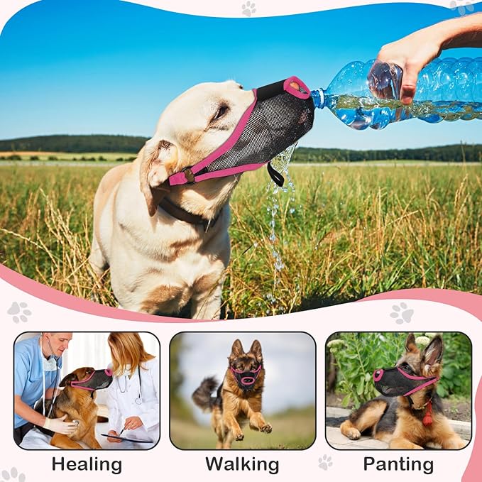 Dog Muzzle with Front Opening for Training and Treats, Breathable Air Mesh Muzzle for Biting Chewing Scavenging, Soft Lightweight Adjustable Mouth Guard for Small Medium Large Dogs (Pink, XL)