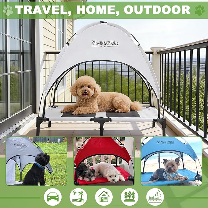 S/M/L Outdoor Elevated Dog Cot with Canopy & Side Shade for Camping Small Medium Dogs (Carry Bag), Portable Cooling Raised Dog Bed