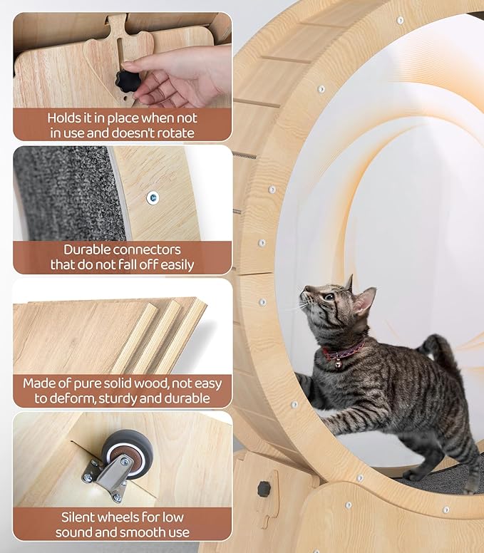 39.4" Wooden Cat Running Wheel - Low Noise Exercise Wheel for Large Indoor Cats