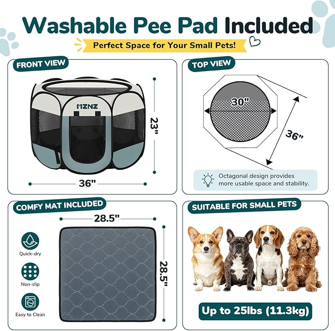 Dog Cat Playpen with Pee Pad, Portable Puppy Pet Crate Indoors for Small/Medium Dogs Cats Rabbits, Foldable Dog Cage Enclosure for Outdoor, Pop Up Dogs Tent Kennel with Carrying Case, Grey