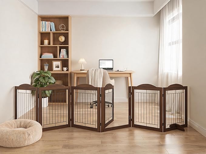 Vantas Folding No-Assembly Dog Door Pet Gate 144" Wide, 30" Tall Wooden Dog Gate with Door Walk Through, Freestanding Wire Pet Gate, Pet Puppy Safety Fence, with 2PCS Support – Brown