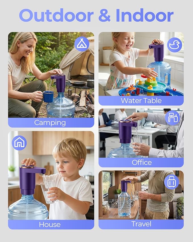 Water Jug Pump for 5 Gallon Bottle – Portable Electric USB-C Charging Dispenser, Dual Powerful Motors, Fast Flow, Fits 2-5 Gallon Jugs – Ideal for Home, Office, Camping, RV, Dark Purple