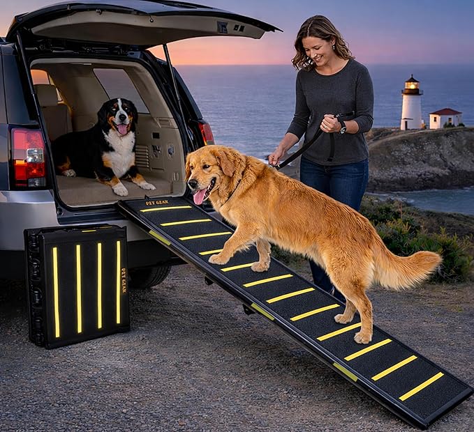 Pet Gear Tri-Fold Portable Pet Ramp for Dogs and Cats, 71" Long, Extra Wide, Holds up to 200lbs, Patented Design, Compact/Easy Fold with Safety Tether, Yellow Reflective