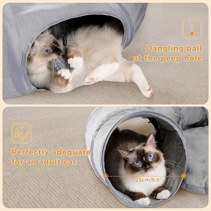 PAWZ Road Cat Tunnel Bed Large Cat Donut Tunnel for Indoor Cats, Collapsible Cats Tube with Central Mat, Peek Hole and Cat Toy Hanging Balls